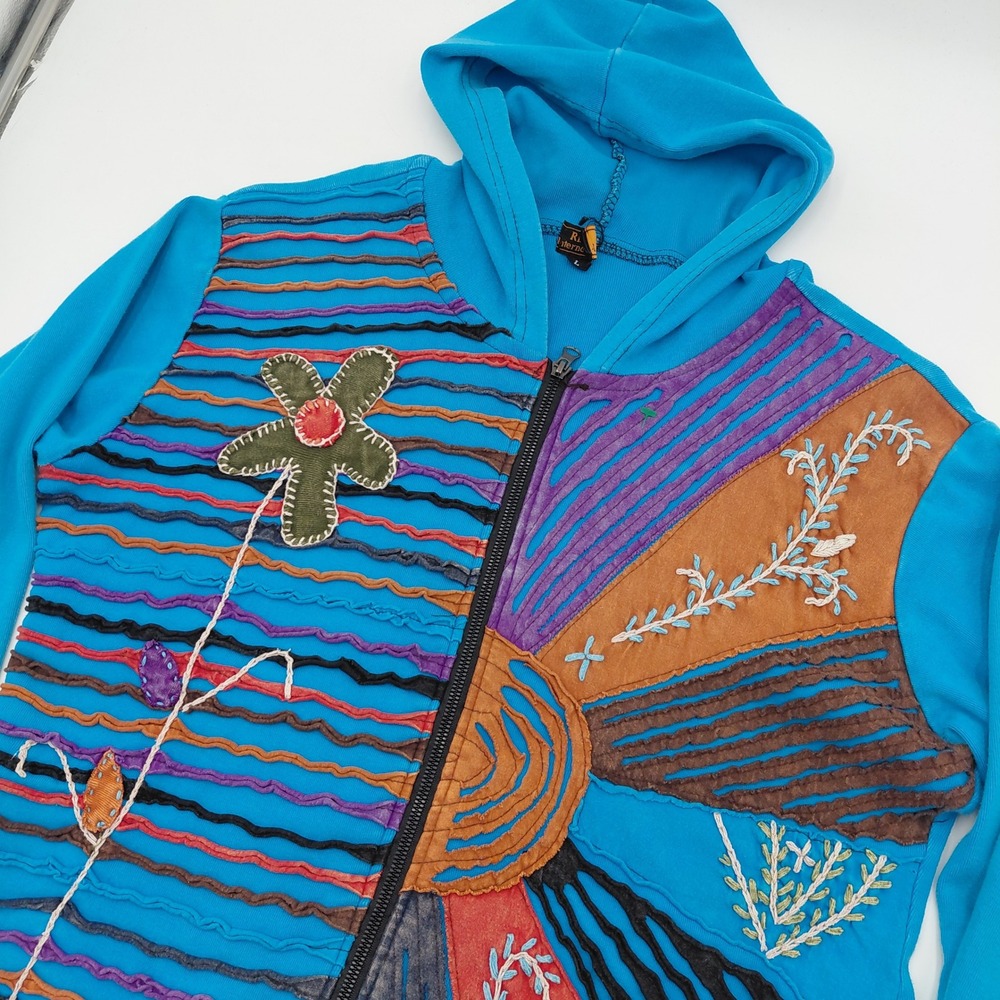 Rising International L Patchwork Hoodie Blue Floral Embroidered Nepal Hippie Fun